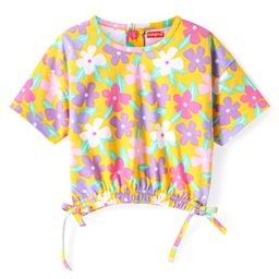 Babyhug Cotton Knit Half Sleeves Top with Floral Print - Yellow-image-100