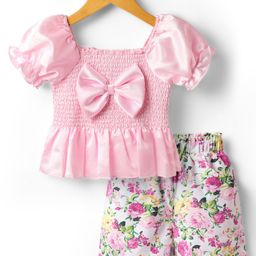 Mark & Mia Knit Half Sleeves Top & Shorts Set With Floral Print & Bow Applique - Pink-18
