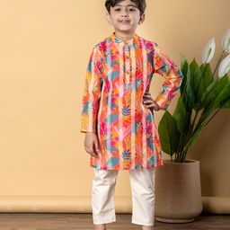 READIPRINT Chanderi Silk Floral Printed Kurta Pyjama Set - Orange-image-38