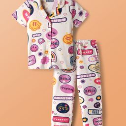 Pine Kids Single Jersey Knit Half Sleeves Co-Ord Night Suit with Whimsical Print - Offwhite & Pink-image-13