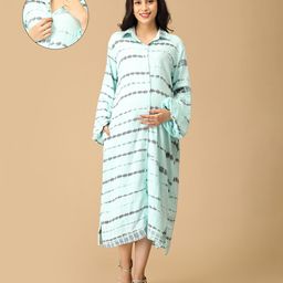 The Mom Store Cotton Full Sleeves Tie & Dye Maternity Oversized Shirt Style Dress With Nursing Access - Aqua Blue-image-99