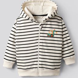 Bonfino 100% Cotton Fleece Knit Full Drop Shoulder Sleeves Striped Hooded Sweatjacket With Vehicle Print - Off White-image-22