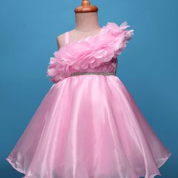 Bluebell Tissue Woven Sleeveless Party Frock With Floral Corsage - Pink-image-8