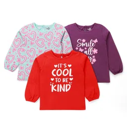 Doodle Poodle 100% Cotton Knit Full Sleeves T-Shirt with Heart & Smile All Day Text Print Pack of 3 - Purple Red & Light Blue-picture-8