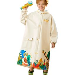 Little Surprise Box PVC Full Raglan Sleeves Animals Printed Hooded Raincoat With Extra Backpack Space - Cream-image-67