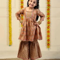 The Mom Store Cotton Knit Three Fourth Sleeves Ethnic Motifs Printed Gota Lace Embellished Anarkali Style Kurta Sharara Set - Brown-picture-49