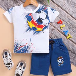 TOONYPORT Cotton Knit Half Sleeves Football Printed Tee & Coordinating Shorts Set - White-image-77
