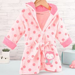Doreme Terry Knit Full Sleeves Hooded Bath Robe with Polka Dot & Owl Design - Carnation Pink-picture-8