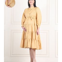 Moms Maternity Cotton Blend Woven Three Fourth Puffed Sleeves Solid Maternity Tiered Dress With Front Open Nursing Access - Yellow-image-8