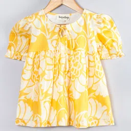 Hugsntugs Cotton Woven Half Puffed Sleeves Floral Printed Top - Yellow-picture-14