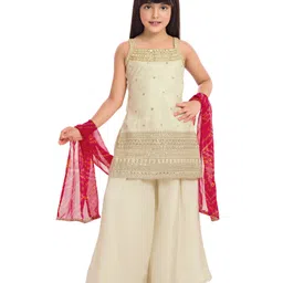 Tiny Kingdom Woven Sleeveless Floral Embroidered Mirror Work Detailed Kurti & Palazzo With Dupatta Set - Cream-picture-31