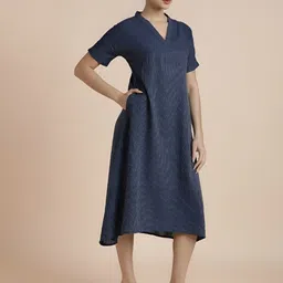 BLACK & BLAH BLAH Women V-Neck Striped A-Line Midi Dress-picture-48