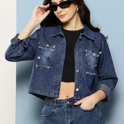 CORSICA Women Navy Blue Cotton Denim Jacket-picture-47