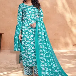 MOJILAA Floral Printed Block Print V-Neck Cotton Straight Kurta With Palazzos & Dupatta-17