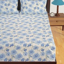 SWAYAM White & Blue Floral Flat 300 TC Cotton Bedsheet with 2 Pillow Covers-17
