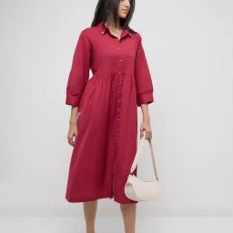 Utsa by Westside Magenta Floral Embroidered Cotton-Blend Shirt Dress-image-7
