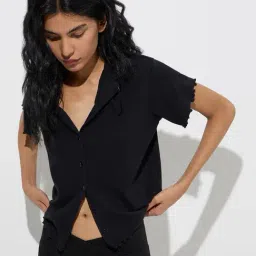 Superstar by Westside Black Ribbed-Textured Cotton-Blend Shirt-image-54