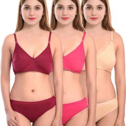 AROUSY Pink & Beige Cotton Bra Panty Set - Pack Of 3-image-66