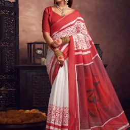 Satrani White & Red Cotton Silk Printed Saree With Unstitched Blouse-picture-26