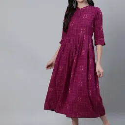 Jaipur Kurti Purple Checquered Flare fit Dress-image-3