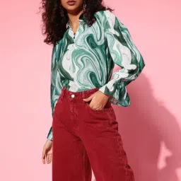 Melon by PlusS Green Printed Mandarin Collar Top-image-4
