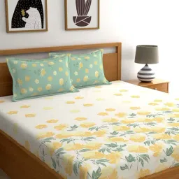 Dreamscape White & Yellow Cotton 140 TC King Bedsheet with 2 Pillow Covers-image-89