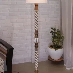 Homesake Classic Twister White & Brown Wooden Floor Lamp with Shade - Set of 1-0