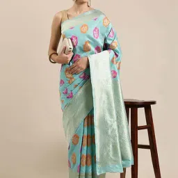 Blissta Sea Blue Woven Saree With Unstitched Blouse-picture-16