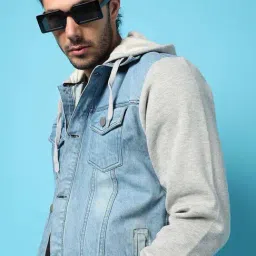 Campus Sutra Grey & Blue Cotton Regular Fit Colour Block Denim Jacket-36