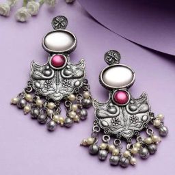Moedbuille Mirrors and Pearls Peacock Shape Oxidised Silver Plated Antique Tribal Earrings-17