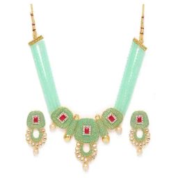 Zaveri Pearls Pastel Green Enamel Multistrand Beads & Pink Stones Necklace & Earring Set-ZPFK10253-image-31