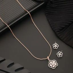 Saraf RS Jewellery Rose Gold Plated AD Studded Minimal Floral Pendant & Earrings Set-19