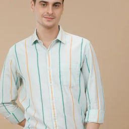 CAVALLO by Linen Club Blue Linen Blend Slim fit Stripes casual shirts-image-27