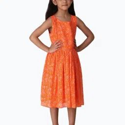 Creative Kid's Girls Orange & White Floral Dress-image-82