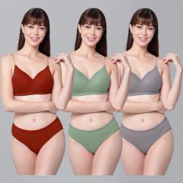 AROUSY Maroon & Green Cotton Bra Panty Set - Pack Of 3-image-48