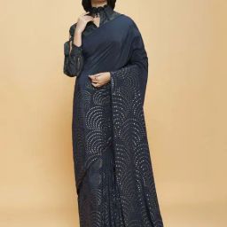 navyasa by liva Midnight Blue Printed Saree With Unstitched Blouse-picture-27