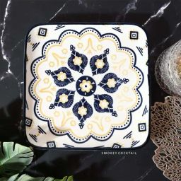 Smokey Cocktail Blue Ceramic Square Mandala Serving Platter-6