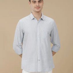 CAVALLO by Linen Club Blue Linen Blend Slim fit Stripes casual shirts-image-80