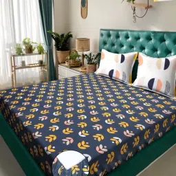 Klotthe Blue Cotton Blend Printed 300 TC King Fitted Bedsheet with 2 Pillow Covers-picture-21