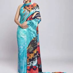 navyasa by liva Turquoise Printed Saree With Unstitched Blouse-image-85