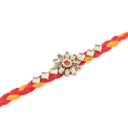 NVR Men Set of 6 Red & Yellow Kundan Studded Floral Design Thread Rakhi Combo image 2