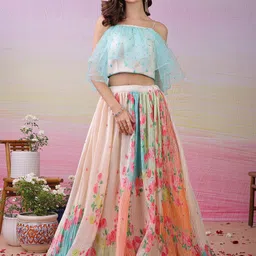 SAPTRANGI Printed Beaded Semi-Stitched Lehenga And Unstitched Choli-image-47