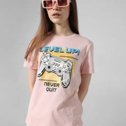 Only Pink Cotton Graphic Print T-Shirt-image-6
