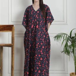 Secret Wish Navy Floral Print Kaftan Nighty-image-92