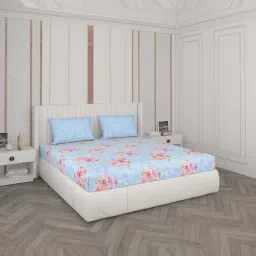 Monte Carlo Blue & Pink Cotton 104 TC King Bedsheet with 2 Pillow Covers-image-16