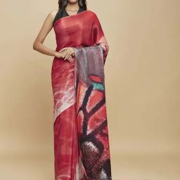 navyasa by liva Brick Red Printed Saree With Unstitched Blouse-image-67