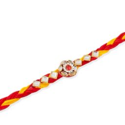 NVR Men Set of 6 Red & Yellow Kundan Studded Floral Design Thread Rakhi Combo image 4