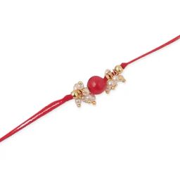 NVR Men Set of 3 Red Artificial Beads & Pearls Thread Rakhi with Roli Chawal Chandan & Mishri image 5