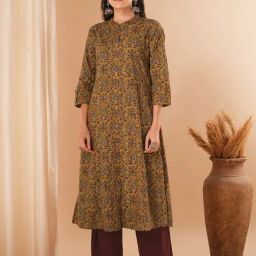 Fashor Mustard Cotton Printed Three-Quarter Sleeves Kurta-image-25