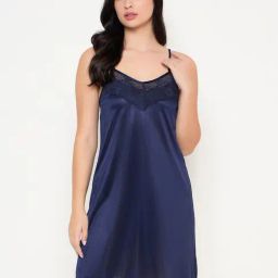 Clovia Navy Satin Relaxed Fit Nighty & Robe-image-3